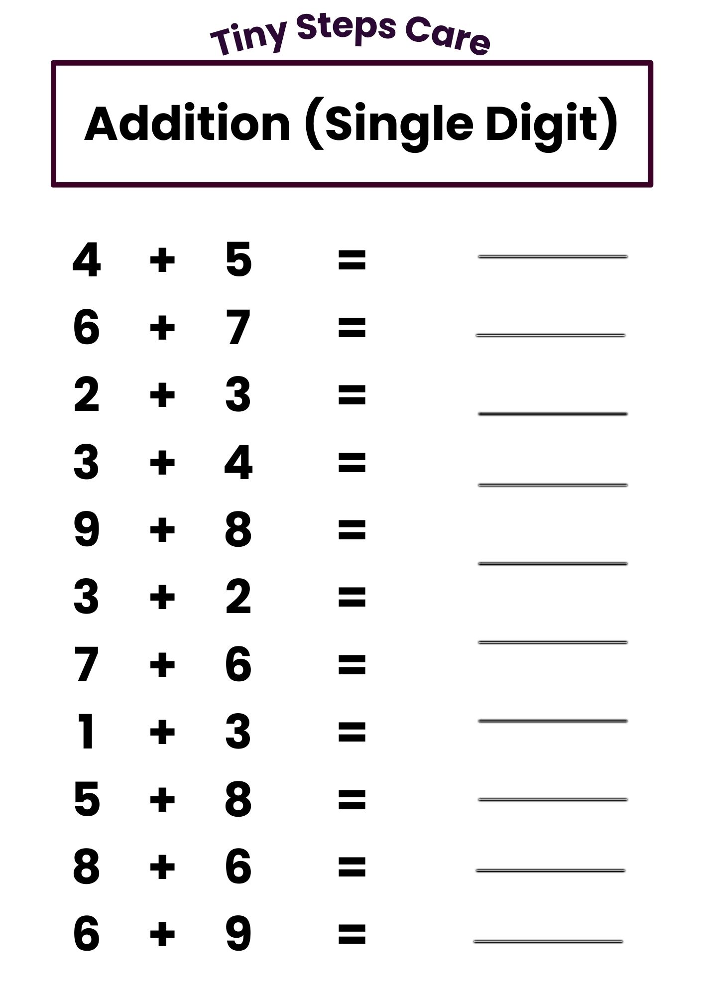 Adition worksheet single digit